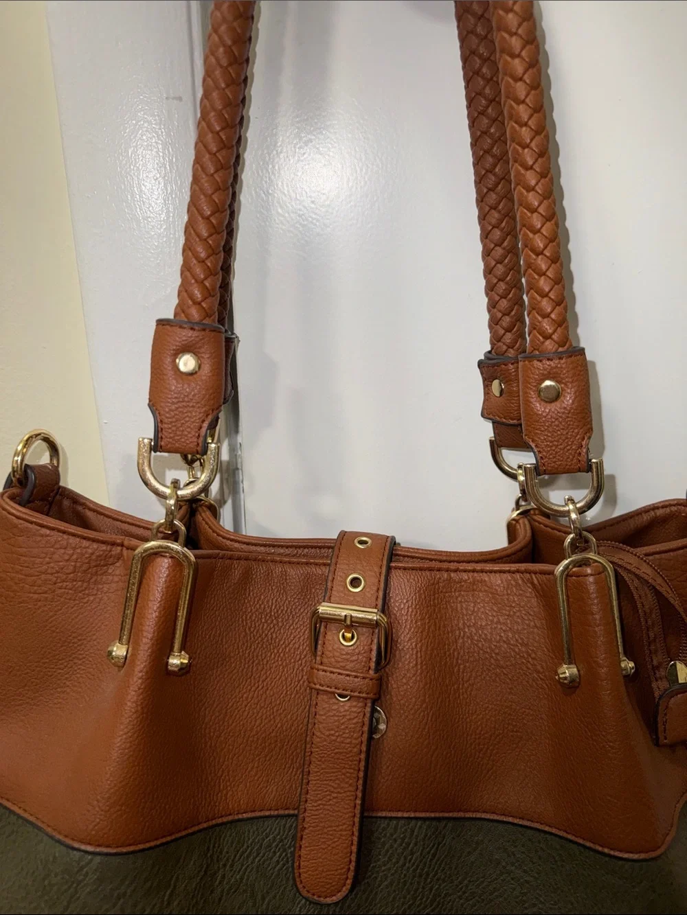 Two-Tone Shoulder Tote Bag in Brown and Olive
